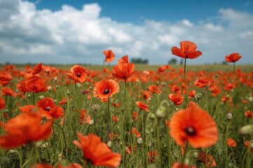 Fototapeta premium Wide View of a Purple Opium Poppy Meadow - Papaver Somniferum