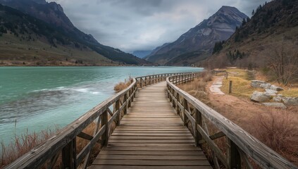 Obraz premium Wooden bridge spanning a river beside a mountain lake