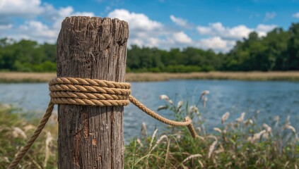 Old wooden post secured with rope