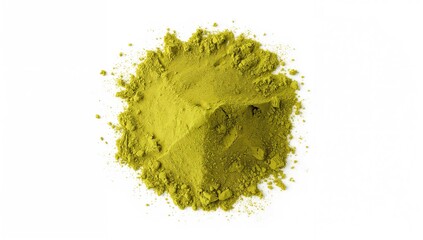 Heap of vibrant green matcha powder on a white background, viewed from above