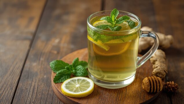 Hot herbal tea with ginger, mint, lemon, and honey to soothe cold symptoms on chilly days