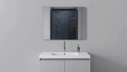 Bathroom cabinet with sink and mirror in front view, soap placed on the sink, shower visible in the background, empty space