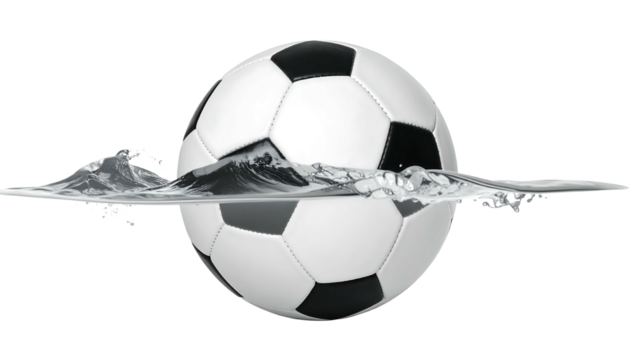 A black and white soccer ball partially submerged in clear water against a transparent black background - Powered by Adobe