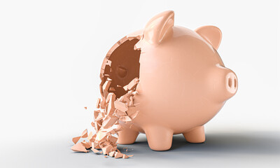 Piggy bank shattering, money savings vanishing, financial crisis