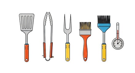 Collection Of Barbecue Tools Isolated On White Background With Outline Style