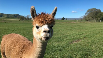Obraz premium Adorable alpaca on rural farmland. Charming and playful members of the camelid family (Vicugna pacos).