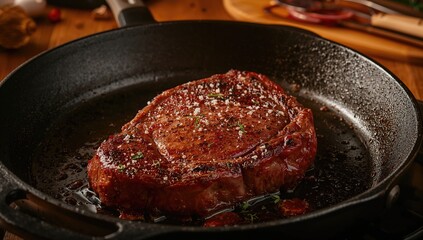 Fototapeta premium Medium rare entrecote steak seared in a cast iron skillet with seasoning