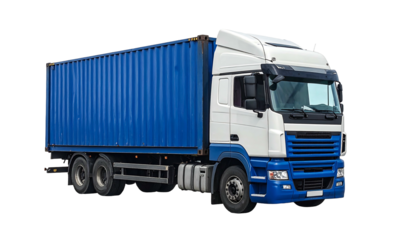 A blue cargo container truck is on black, mostly white cab, ready to deliver goods and haul freight in transit