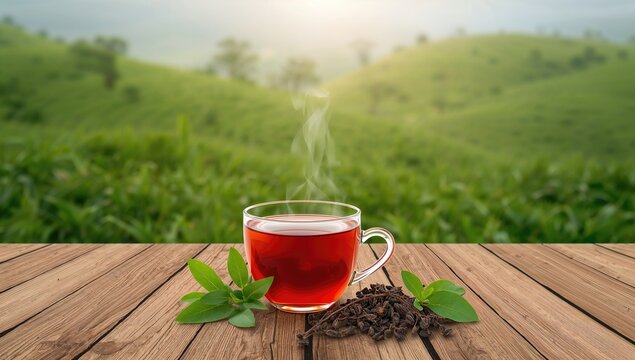 Steaming mug of herbal tea alongside fresh green leaves and dried plants in a morning plantation setting, panoramic view with blank area for text, natural organic health product