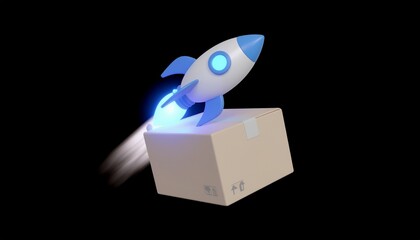 Swift rocket launching from package signifies rapid delivery and innovative shipping solutions for modern business growth