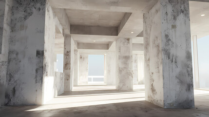 Obraz premium Interior of a modern concrete building with a minimalist design, showcasing pillars and open spaces