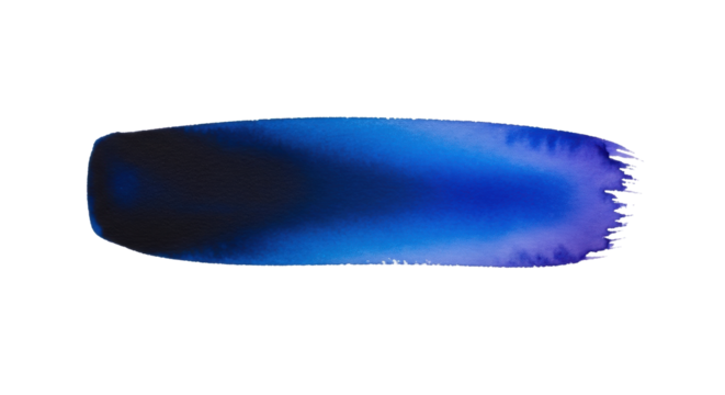 Elongated, horizontal watercolor brush stroke, deep blue to royal blue gradient with purple hints, natural texture, on transparent background with copy space, minimalist art concept - Powered by Adobe
