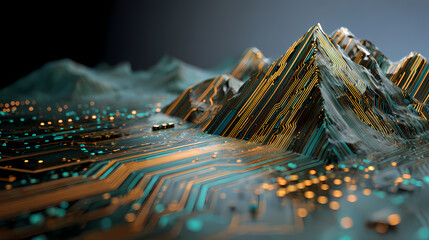 A futuristic landscape with mountains and digital circuits, blending nature and technology