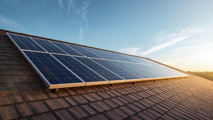 Residential rooftop solar panels generate electricity from sunlight on a bright, sunny day, supporting green energy.