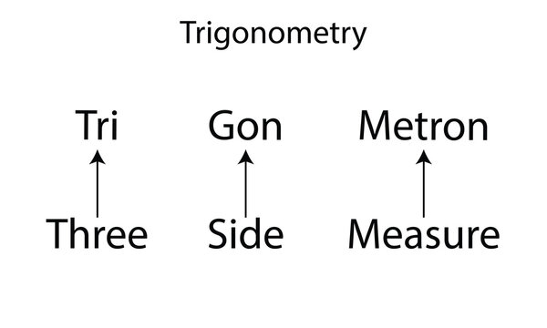 Educational diagram explaining the etymology of &ldquo;trigonometry,&rdquo; showing word roots: &ldquo;Tri&rdquo; meaning three, &ldquo;Gon&rdquo; meaning side, and &ldquo;Metron&rdquo; meaning measure. Ideal for math learning materials.