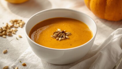 Still Life with AutumnHued Liquid in White Bowl and Seeds on Linen Fabric.