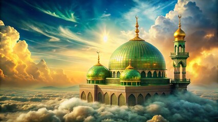 Inspiring Exploration: Double Exposure of Green Dome Mosque, Gold, and Sky