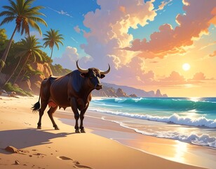 A bull stands on a sandy beach near the ocean with palm trees under a vibrant sunset sky