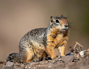 Naklejka premium A close-up shot of a curious squirrel looking towards the right on a sunny day