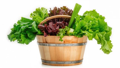 Wooden container filled with fresh leafy greens and assorted vegetables, set against a white backdrop