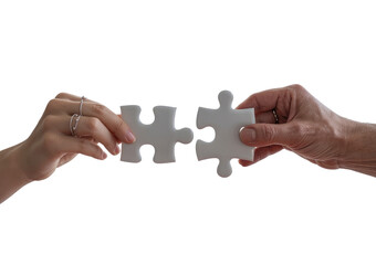 Hands connecting two white jigsaw puzzle pieces for a teamwork solution isolated on transparent white background 