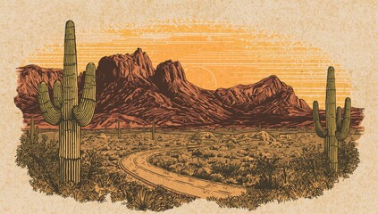 Vintage-style illustrations of mountains and cacti