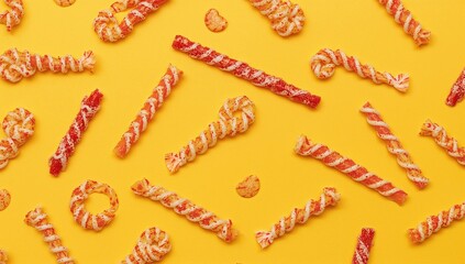 Overhead view of twisted licorice spirals and scattered fruity jub jub sweets on a bright yellow surface arranged decoratively