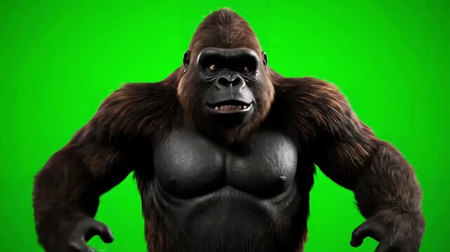 Green Screen funny brown gorilla fighting super realistic fur and hair 4k animation scene 4 with distortion, overlay, glitch, static noise, scan lines on black background, animated video loop