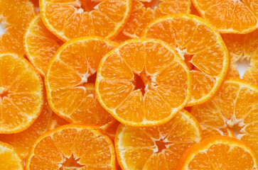 Sliced mandarins close-up as background