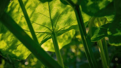 Close-up view from below of vibrant green pumpkin foliage in a garden setting, forming an intricate natural pattern.