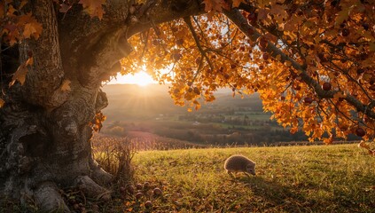 Autumn harvest: Chestnuts dangling from branches in mountainous terrain