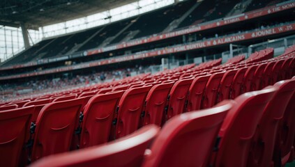 Row of red plastic seats in a sports arena for fans to watch and enjoy a major football game