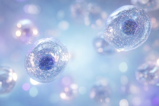 Transparent cells floating in luminous blue background with sparkling details