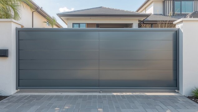 Modern suburban house featuring a grey aluminum metal gate with remote-controlled automatic steel doors