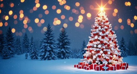 Obraz premium Festive christmas tree with snow and gifts in winter wonderland