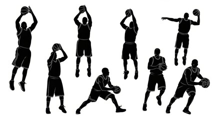 Silhouettes of male basketball players in dynamic poses