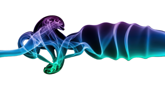 Abstract flowing smoke trails of blue, purple, and teal vapor against a clean black background, illuminated by precise studio lighting, capturing ethereal beauty and vibrant dynamism concept