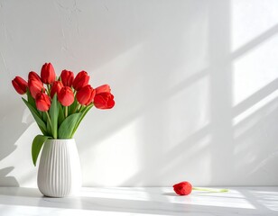 A bunch of vibrant red tulips in a white vase, with one fallen tulip, lit by window light