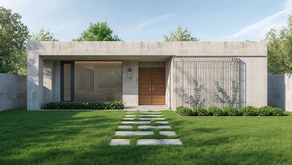 Obraz premium Modern luxury residence featuring concrete walls and a wooden entrance door. Lush green lawn surrounding the home's front area. 3D rendering of a stylish vacation villa exterior.