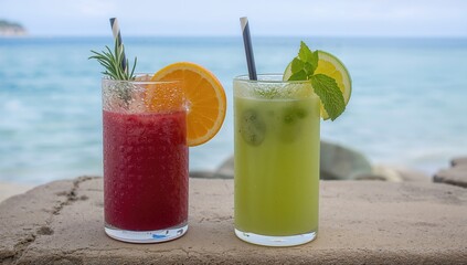 Two cool summer beverages presented in tall glasses with a beautiful ocean view, featuring a bright red berry smoothie garnished with orange and rosemary alongside a green apple drink.