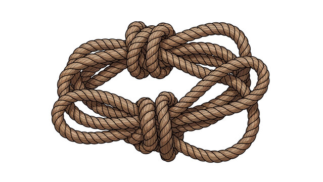 A brown rope is tied into two knots on a white background