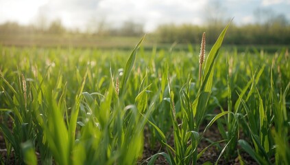 Fototapeta premium Young corn seedlings growing in a field during spring