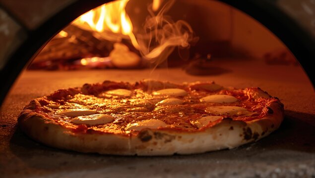 Close-up of pizza cooking in a wood-burning oven.