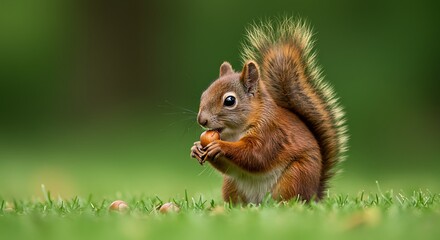 A close-up shot of a cute red squirrel holding a nut in its paws on a green lawn