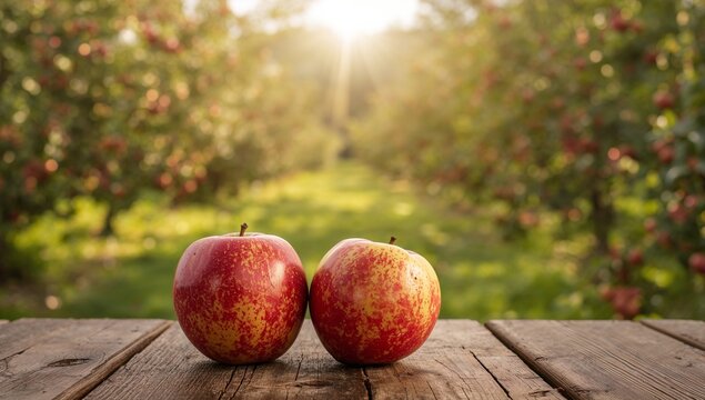 Two Fruits on a Wood Surface, Abstract Orchard Background with Golden Hour Lighting.