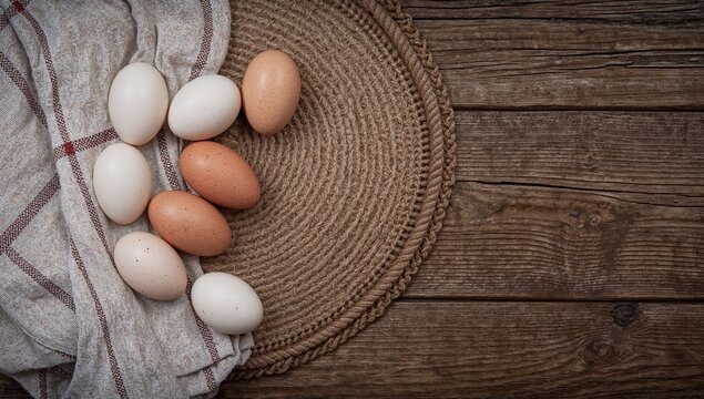 Raw white and brown eggs with a cloth on a vintage wooden surface. Concept of natural farm produce and nutritious morning meal. Overhead and angled perspectives. - Powered by Adobe