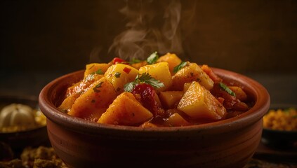 Spiced potato curry simmered in a tomato-based sauce, presented in a bowl with a dark backdrop.