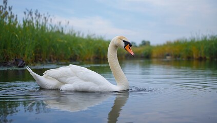 Obraz premium A Pale Swan Floating on a Lake