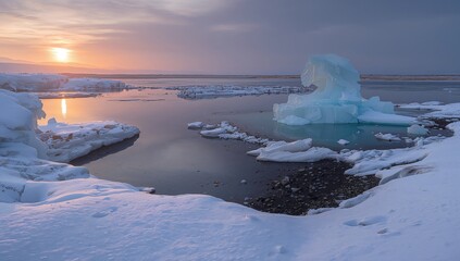 Snow-Covered Lake Scene in Northern Region During Winter