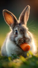 Cute Rabbit Wallpaper Fluffy Bunny Eating a Fresh Orange Carrot in a Lush Green Field